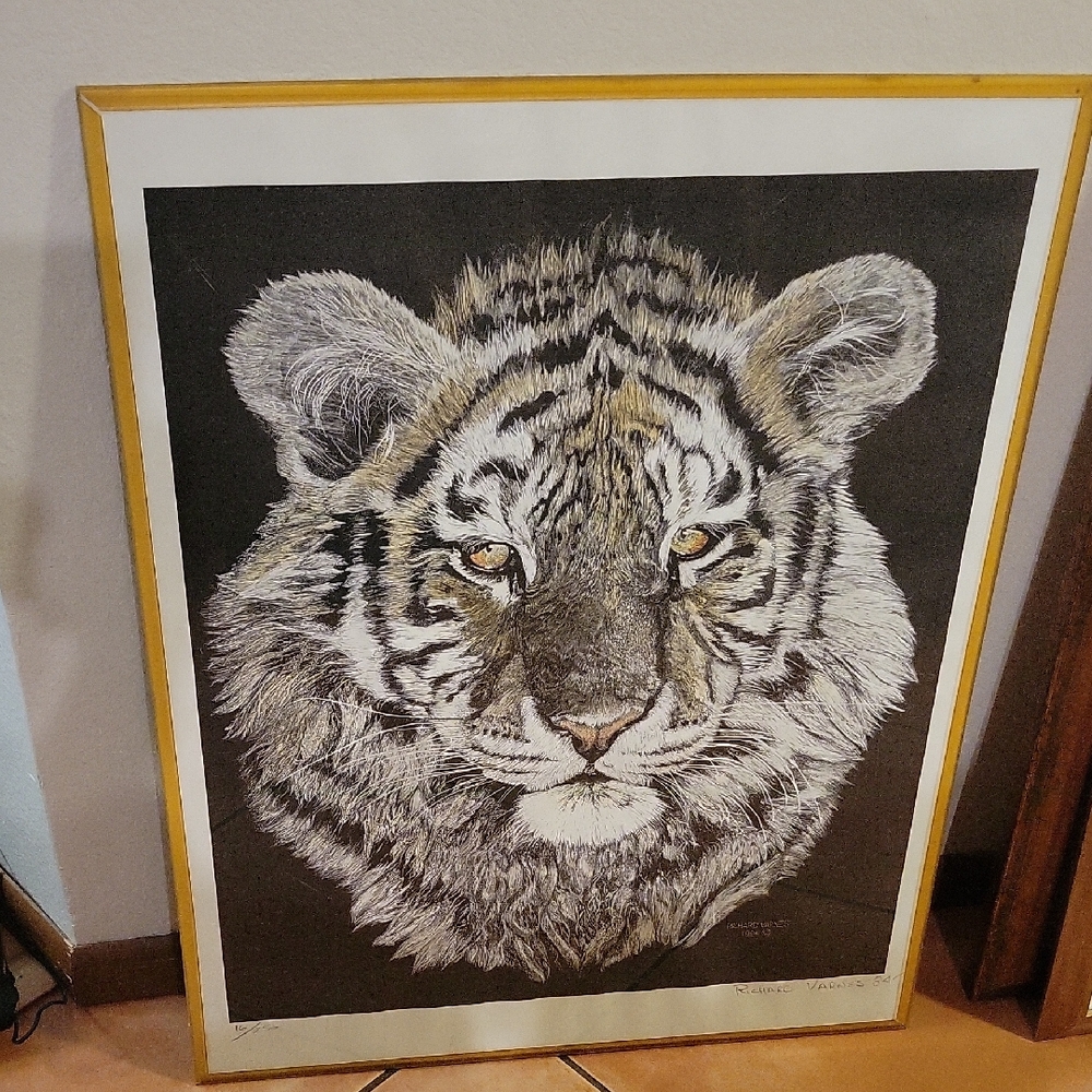 Vintage 1984 Tiger Head Print Signed Richard Varnes 22x28in